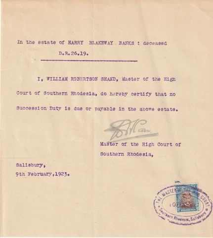 1923 Rhodesia Estate Revenue Document receipted 3/- Chestnut-Light Blue Admiral Cover
