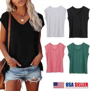 Womens Cap Sleeve Blouses T-Shirt Casual Loose Fit Basic Shirts Tank Tops - Picture 1 of 16