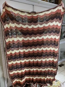 Hand Crocheted Afghan Scallop Shell Earth Tones Brown Pink Cream 85”x62” Blanket - Picture 1 of 8