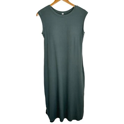 Uniqlo Womens Waffle Knit Sleeveless Midi Dress Sz Large Green Built in Bra - Image 1 of 4