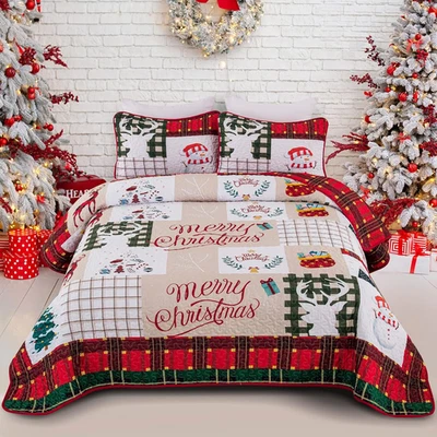 Christmas Quilt Set King Reversible Bedspread Coverlet Red Green Plaid Patchwork - Image 1 of 4
