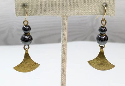 Gold Tone Hammered Brass Fan Drop Hematite Beaded Pierced Earrings 2" Boho - Image 1 of 4