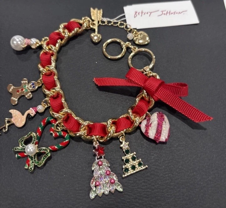 Pulsera Betsey Johnson Holiday Charm Cinta Árbol de Navidad Flamenco Tono Dorado Foto 1 de 1