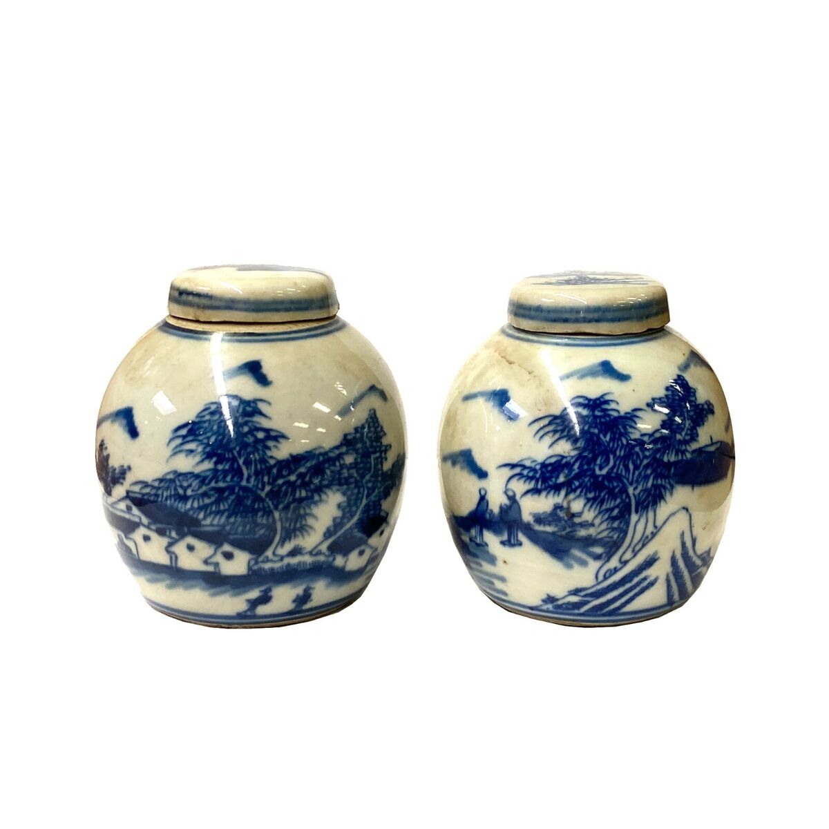 Pair Blue White Mini Oriental Graphic Porcelain Ginger Jars ws949S Pair Blue White Mini Oriental Graphic Porcelain Ginger Jars ws949S