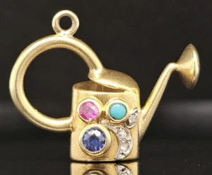 18K Gold WATERING CAN Charm DIAMOND RUBY SAPPHIRE TURQUOISE Pendant Vintage - Picture 1 of 7
