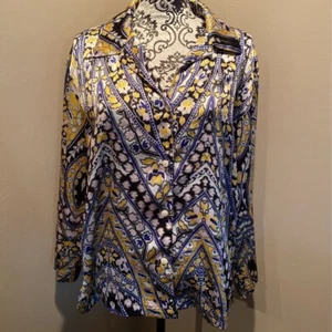 Natori Damen Hemd mit Knopfleiste blau gelb Blumen Manschettenärmel Kragen L - Bild 1 von 12