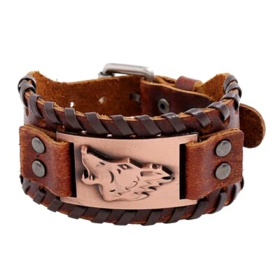 MEN Punk Vintage Brave Wolf Genuine Leather Wristband/ Leather Bracelet 7"-9.5" - Imagem 1 de 4