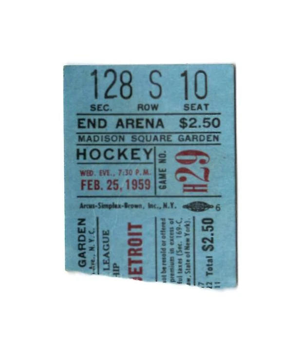 Feb. 25th. 1959 New York Rangers Vs. Detroit Red Wings Ticket Stub Gordie Howe - Image 1 of 1