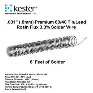60/40 Tin/Lead Solder Wire Rosin Flux Core 3% Kester 44 - .031” (.8mm) - 6 Feet - Picture 1 of 4