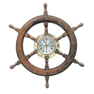 Marine Wanduhr, Bullaugen Uhr im Steuerrad aus Messing und Holz 60 cm - Bild 1 von 1