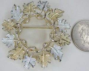 Sarah Cov 2" dia Leaves Circle Wreath Silver Gold Clad Metal Lapel Pin Brooch - Picture 1 of 3