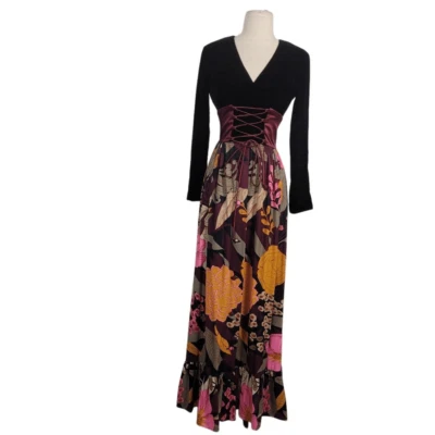 Vtg 1960s' Prairie Hippie Velvet Floral Maxi Dress Sz XS Corset Lace Up Romantic - Image 1 of 4