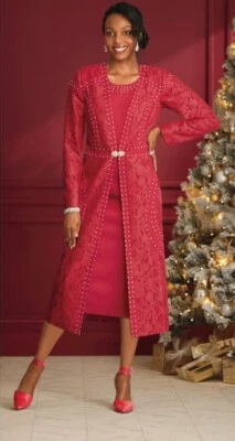 16 Ashro Red Formal Wedding Church Party Deshonna Lace Rhinestone Jacket Dress - Image 1 of 4