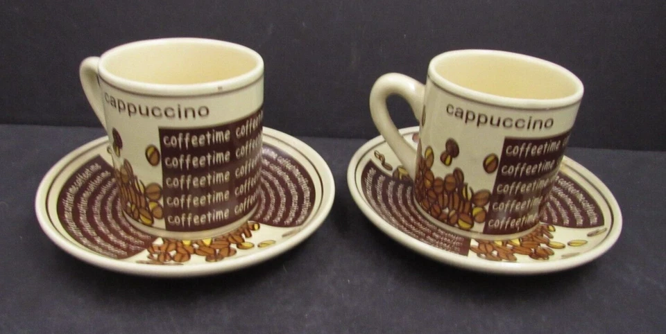 Juego de 2 tazas y platillos de capuchino café café grano demi taza taza marrón Foto 1 de 4
