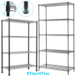 4/5 TIER METAL STORAGE RACK SHELVING WIRE SHELF KITCHEN OFFICE UNIT STAND BLACK - Picture 1 of 24