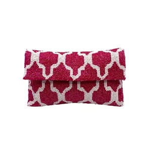 Moyna by Anthropologie Pink and White Beaded Abstract Envelope Clutch - Picture 1 of 11