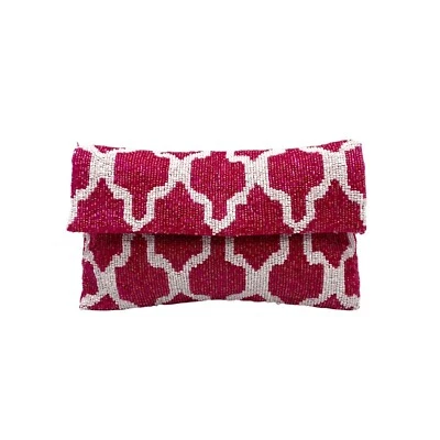 Moyna by Anthropologie Pink and White Beaded Abstract Envelope Clutch - Image 1 of 4