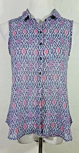 H and M Womens Tank Top Size 4 Button Down Ikat Sheer High Low Abstract Boho - Picture 1 of 5