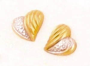 14k Solid Yellow & White Gold Heart Earrings Stud Post - Picture 1 of 6