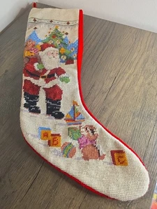 Vtg Wool Needlepoint Christmas Stocking Santa Clause & Toys Imperial Elegance - Picture 1 of 8