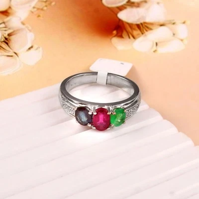 Triple Multi Gemstone Ruby Blue Sapphire Emerald Sterling Silver Ring For Women - Image 1 of 4