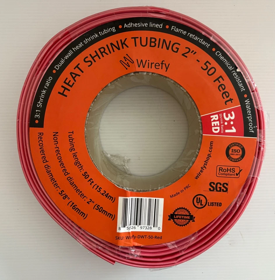 Heat Shrink Tubing - Large Diameter 2"- 3 1 Ratio - Adhesive Lined - Red Wirefy