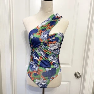 ZARA Blue & Green Floral Asymmetrical Summer Resort Bodysuit Size Medium NWT - Picture 1 of 8