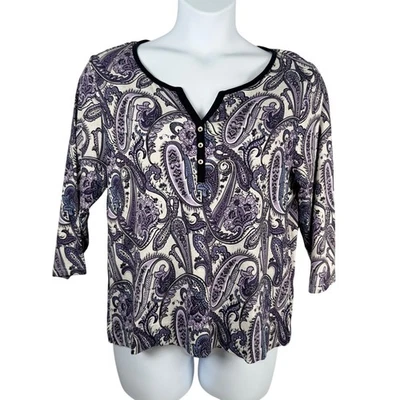 Croft & Barrow Top Womens 1X Purple Paisley Henley Classic Tee 3/4 Sleeve - Image 1 of 4
