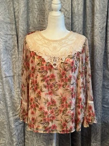 Lauren Conrad Disney Snow White Peasant Blouse Floral SemiSheer Bell Sleeve XL - Picture 1 of 14
