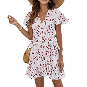 Ladies Deep V Neck Ruffle Mini Swing Skater Dress - Picture 1 of 9