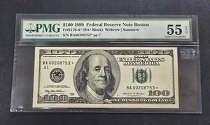 1999 STAR NOTE PMG AU 55 EPQ $100 Federal Reserve Note Bill - Picture 1 of 1