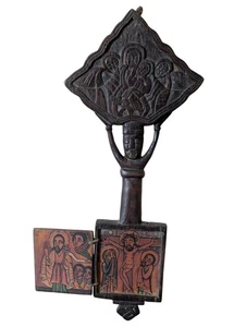 Antique ETHIOPIA Orthodox Coptic Handcrafted Wood Cross Virgin Mary InfantJesus - Picture 1 of 8