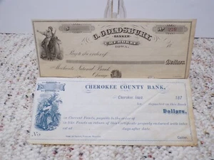 1800s-1870s G. Goldsbury Banker-Cherokee County Bank UNUSED Checks Iowa GRAPHICS - Picture 1 of 12