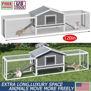 122in Large Wooden Rabbit Hutch 2-Story Chicken Coop Small Animal House Outdoor - Picture 1 of 16