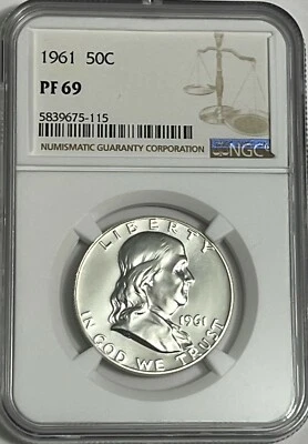1961 NGC PF69 Silver Proof Ben Franklin Half Dollar Bright White Coin 50C White - Image 1 of 3