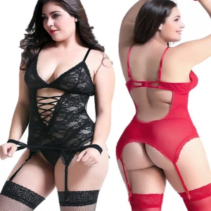 Set lingerie sexy donna taglie forti body pizzo orsacchiotto babydoll con giarrettiera cinture - Foto 1 di 17
