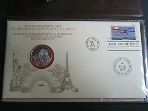 USA - "AVIATION ~ C LINDBERGH ~ FLIGHT ACROSS ATLANTIC" Silver Medal Cover 1977 - Picture 1 of 12