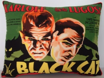 Black Cat w/ Karrloff & Lugosi Vintage Horror Movie Poster On Cotton Pillow, New - Image 1 of 4