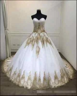 A-Line White Wedding Dresses Sweetheart Gold Appliques Sweep Train Bridal Gowns - Image 1 of 4