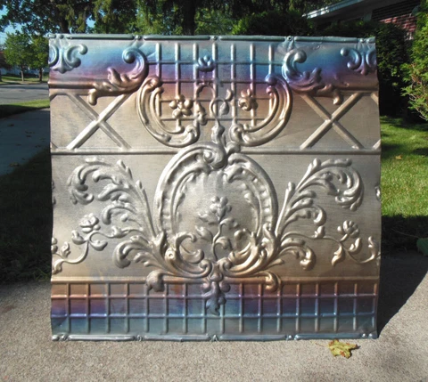 SALE Antique Iridescent Victorian Ceiling Tin Tile Cameo Crosshatch Flowers Chic Cover