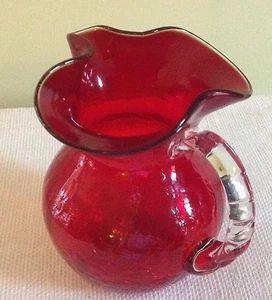 5" RAINBOW GLASS Red Crackle Glass Blown Pitcher Ridged Clear Handle Flared Rim - Picture 1 of 5