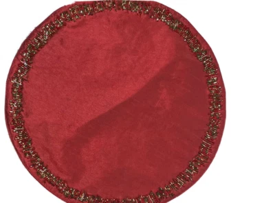 Set 2 Dillards Red 15" Round Beaded Rim Fabric Placemat Christmas Holiday Decor - Image 1 of 4