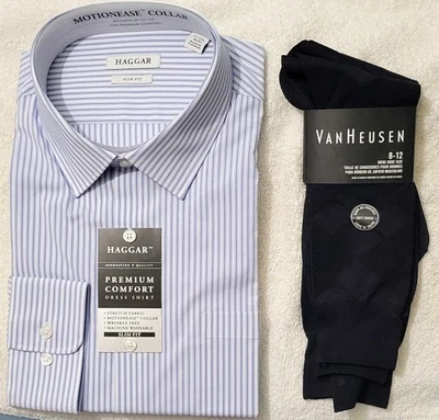 Haggar & Van Heusen, camisa de vestir (17-17,5, 34-35 delgada) y 2 calcetines de vestir Foto 1 de 4