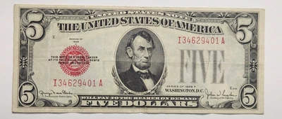 1928 $5 SELO VERMELHO LICITAÇÃO LEGAL NOTA ESTADOS UNIDOS ~ Fr.1525 [] Ser# I34629401A - Imagem 1 de 4