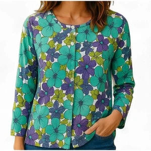 Vintage Quacker Factory Cardigan Sweater Size 1X Blue Purple Beaded Floral - Picture 1 of 8