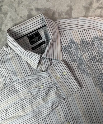 Marc Ecko Shirt Mens 2XL White Striped Button Up Embroidered Dress Casual XXL - Image 1 of 4