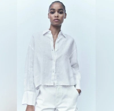 Zara Linen Loose Button Up Shirt Sz Medium Solid White Cropped Top Long Sleeve - Image 1 of 4