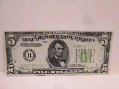 1934 US $5 FEDERAL RESERVE NOTE- LIGHT GREEN - Image 1 of 2