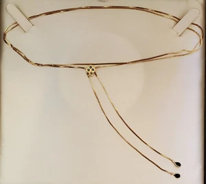 14K Yellow Gold 38" Box Chain Necklace with Sapphires, Diamonds, and Bolo Slide - Picture 1 of 8