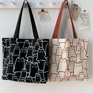 Canvas Simple Cat Print Shoulder Bags Tote Zipper Design Handbag Women Bag - Picture 1 of 10
